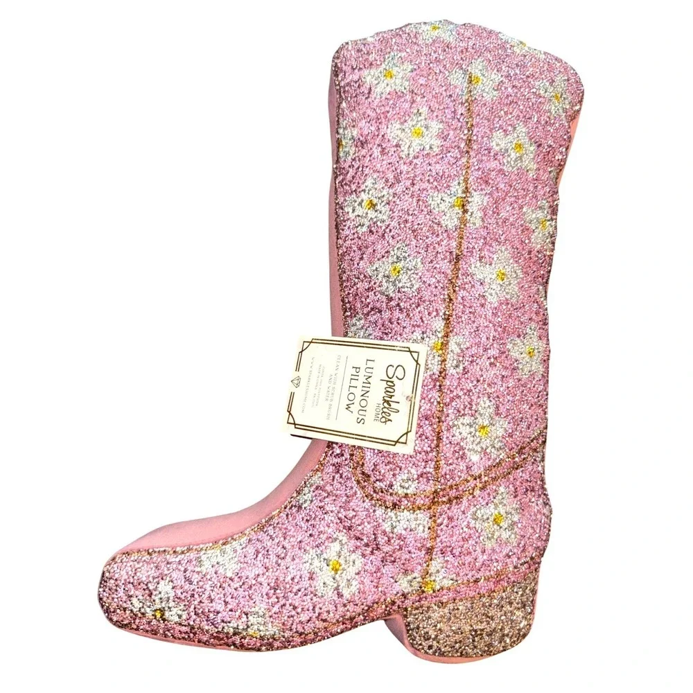 Sparkles Home Pink Glitter Cowboy Boot Pillow Western Daisy Glam Decor Floral